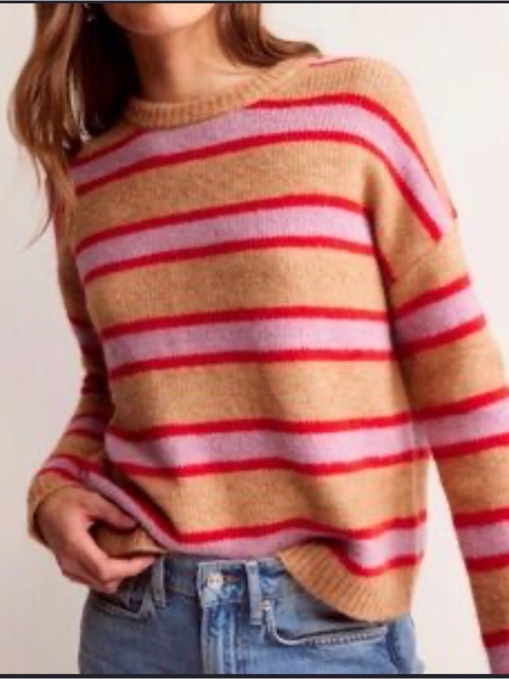 Boden Striped wool Crewneck Sweater in Camel, Pink & Red
